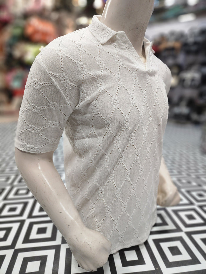 Beige Textured Diamond Pattern Polo Shirt - Maha fashions -  Men Clothing
