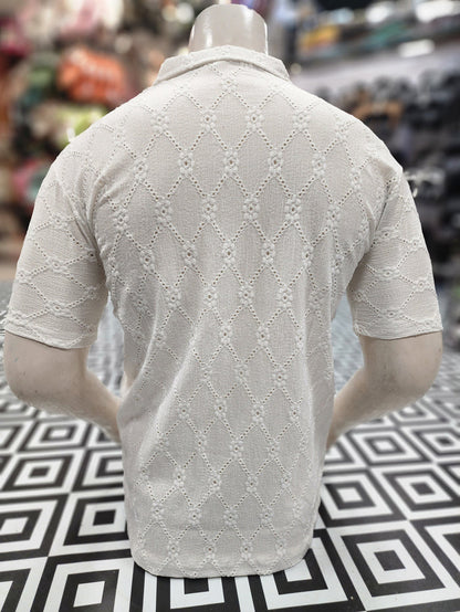 Beige Textured Diamond Pattern Polo Shirt - Maha fashions -  Men Clothing