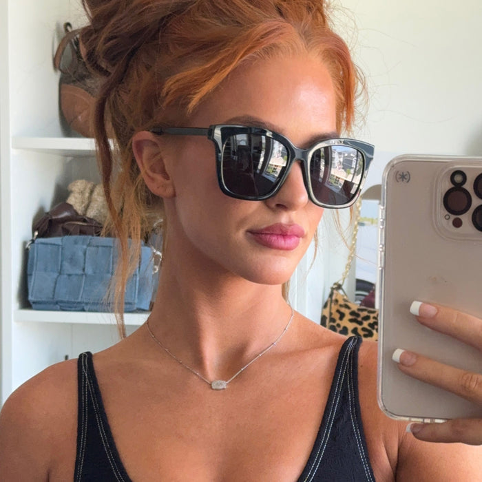 UGC - customer content - julia hatch wearing the Bella Black and Grey womens oversized square sunglasses from DIFF Eyewear