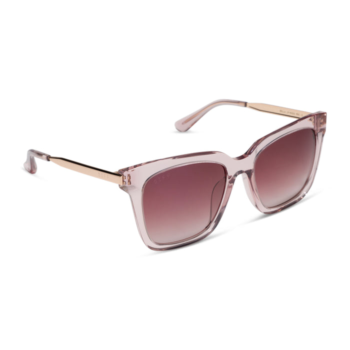 diff eyewear bella square sunglasses with a light pink crystal acetate frame and pink wine gradient lenses angled view