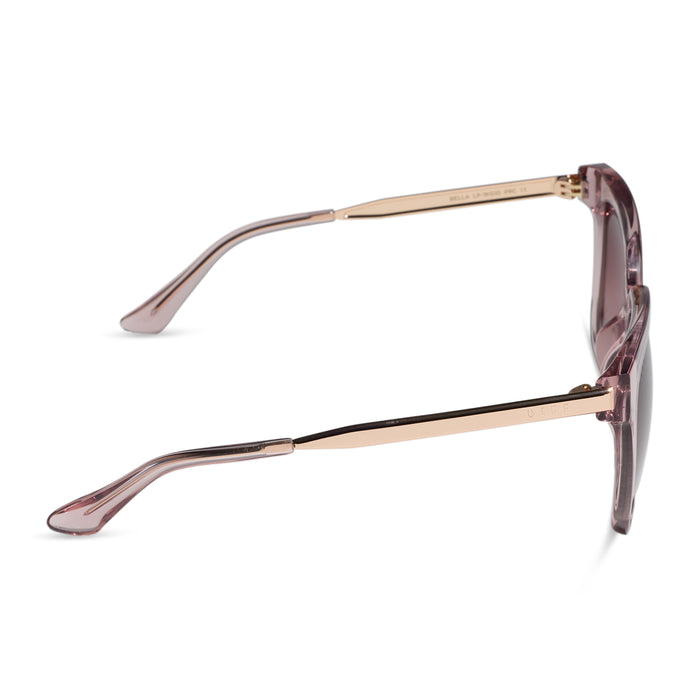 diff eyewear bella square sunglasses with a light pink crystal acetate frame and pink wine gradient lenses side view