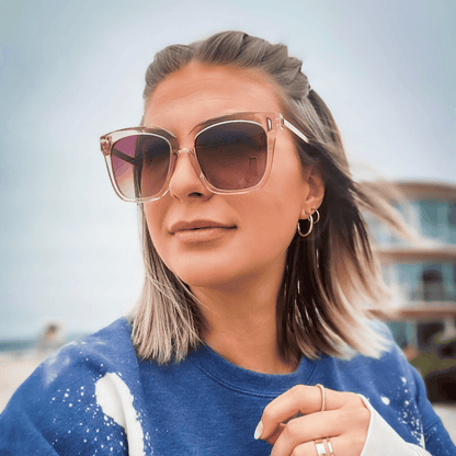 UGC - diff eyewear bella square sunglasses with a light pink crystal frame and wine gradient lenses