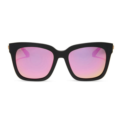 diff eyewear bella matte black frame with pink mirror polarized lenses sunglasses front view