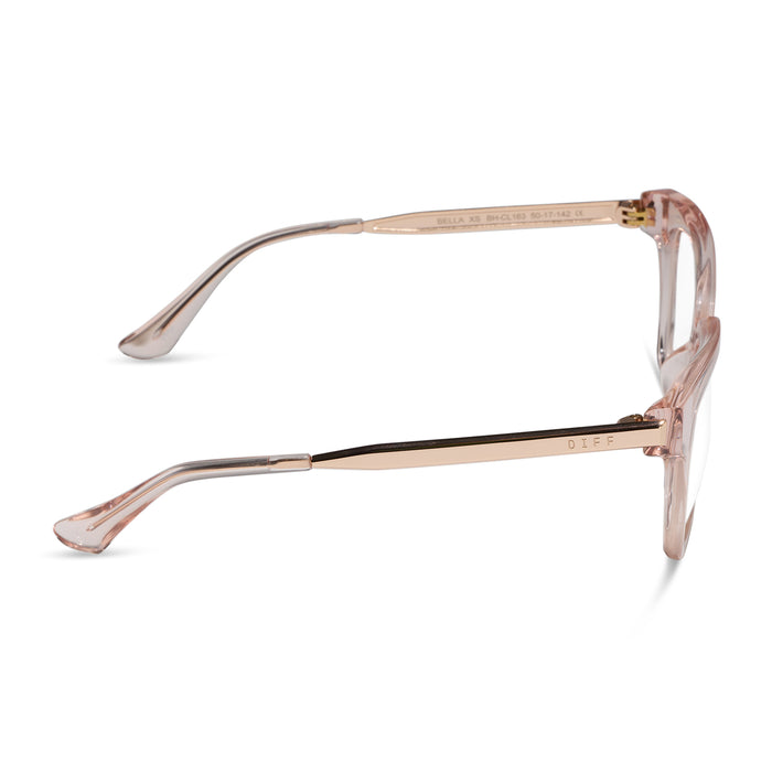 Bella XS prescription eyeglasses with blush crystal frames side view