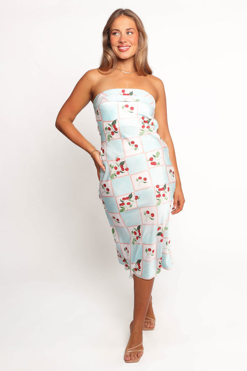 Petal and Pup USA DRESSES Benton Strapless Midi Dress - Cherry Print (Hold for Amazon)