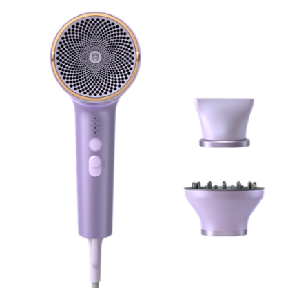 Purple hair dryer with attachments on a white background