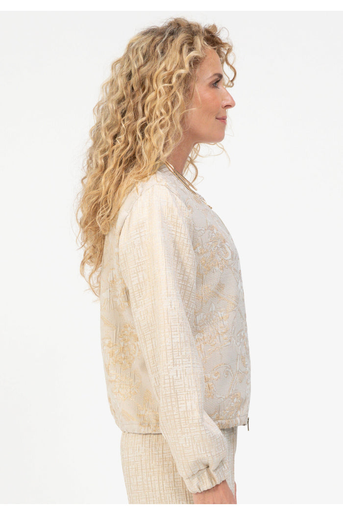 Side view of model wearing Bianca 74032 Rachel Textured Jacket Beige Mix by bianca, shop bianca at Dotique