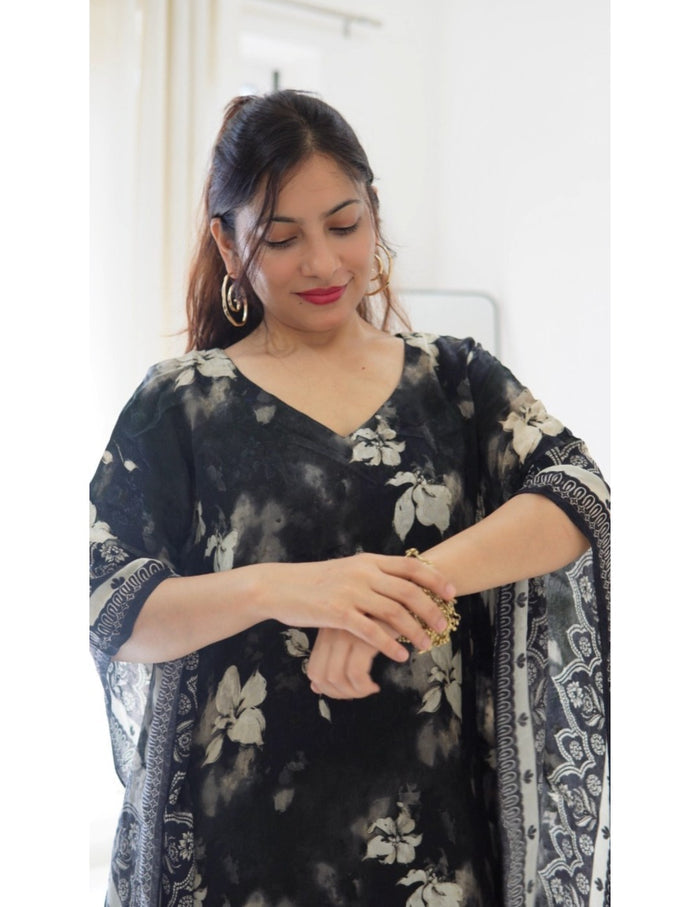 Black & Beige Bloom Kaftan