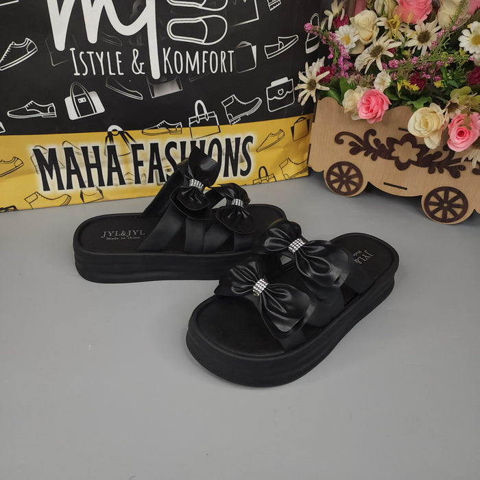 Black Double Bow Slides - Maha fashions -  Women Footwear