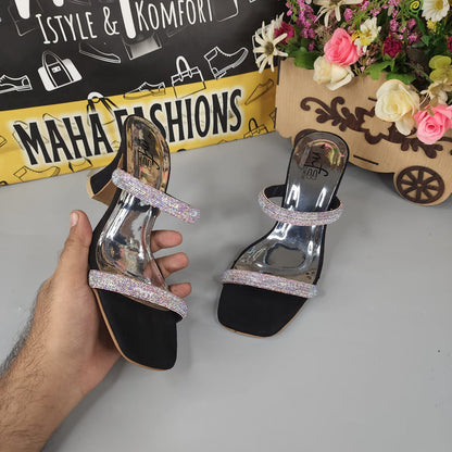 Black Studs Strips Footwear in Heel - Maha fashions -  Women Footwear