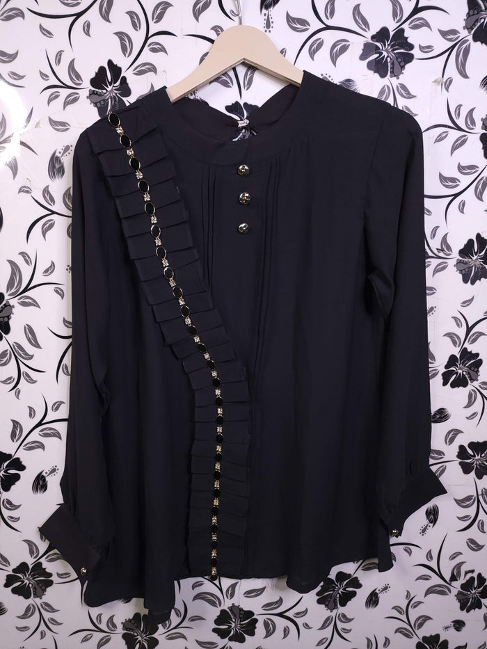 Black Top With Side Frill & Chain Work - Maha fashions -  women clothing