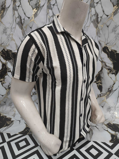 Black & White Striped Short Sleeve Shirt - Maha fashions -  Men Clothing