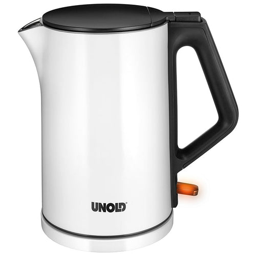 Der Unold Blitzkocher Design 1,4 L ist ein weißer Wasserkocher mit schwarzem Griff und Deckel, orangefarbenem Netzschalter und dem Unold-Logo auf der Vorderseite.