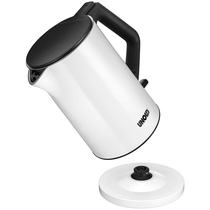 Der Unold Blitzkocher Design 1,4 L ist ein moderner weiß-schwarzer Wasserkocher, der schräg über seinem runden Sockel abgebildet ist und an der Seite das Unold-Logo vor einem weißen Hintergrund trägt.