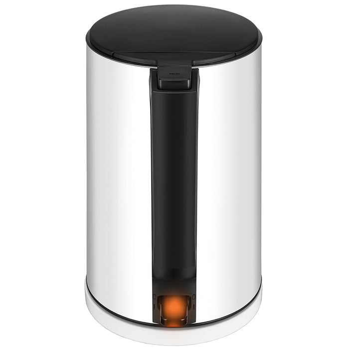 Der Unold Blitzkocher Design 1,4 L ist ein moderner, zylindrischer Wasserkocher aus Edelstahl mit schwarzem Deckel und vertikalem Pedal an der Vorderseite sowie einer orangefarbenen Kontrollleuchte an der Basis.