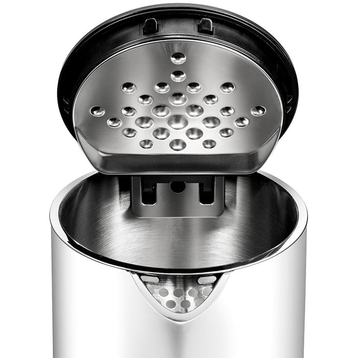 Eine Draufsicht auf den Unold Blitzkocher Design 1,4 L zeigt seinen offenen Innenraum aus Edelstahl und den perforierten Deckel mit kreisförmigen Löchern, die das Licht reflektieren und für ein modernes Aussehen sorgen.