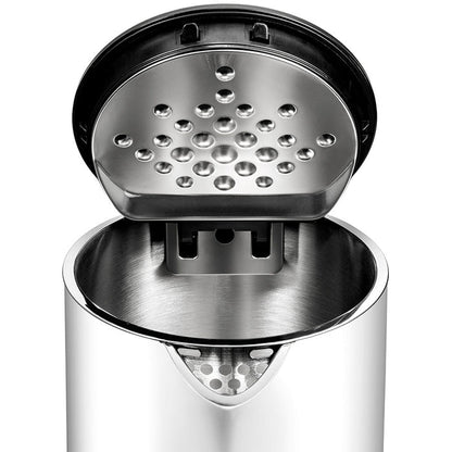 Eine Draufsicht auf den Unold Blitzkocher Design 1,4 L zeigt seinen offenen Innenraum aus Edelstahl und den perforierten Deckel mit kreisförmigen Löchern, die das Licht reflektieren und für ein modernes Aussehen sorgen.