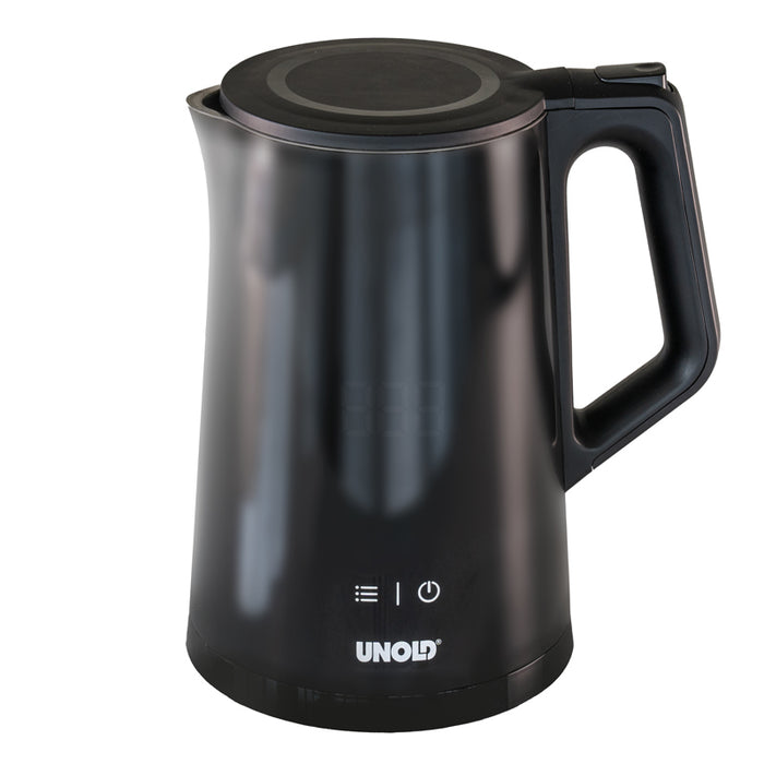 Der Unold Blitzkocher Edelstahl Digital 1,5 L ist ein eleganter schwarzer Wasserkocher mit einem Griff auf der rechten Seite, einem Deckel oben, Touch-Control-Symbolen und dem Unold-Logo auf der Vorderseite des Sockels.