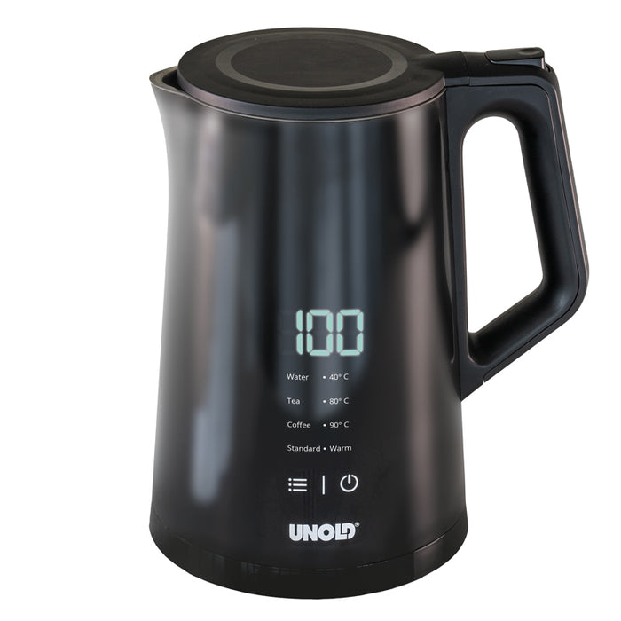 Der Unold Blitzkocher Edelstahl Digital 1,5 L ist ein schwarzer Wasserkocher mit Digitalanzeige bis 100 und beschrifteten Temperaturstufen für Wasser, Tee und Kaffee. Das Unold-Logo befindet sich auf der Unterseite des Wasserkochers.