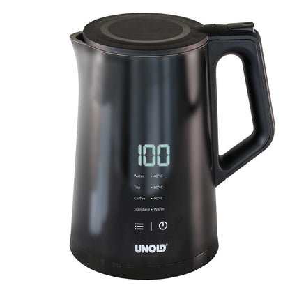 Der Unold Blitzkocher Edelstahl Digital 1,5 L ist ein schwarzer Wasserkocher mit Digitalanzeige bis 100 und beschrifteten Temperaturstufen für Wasser, Tee und Kaffee. Das Unold-Logo befindet sich auf der Unterseite des Wasserkochers.