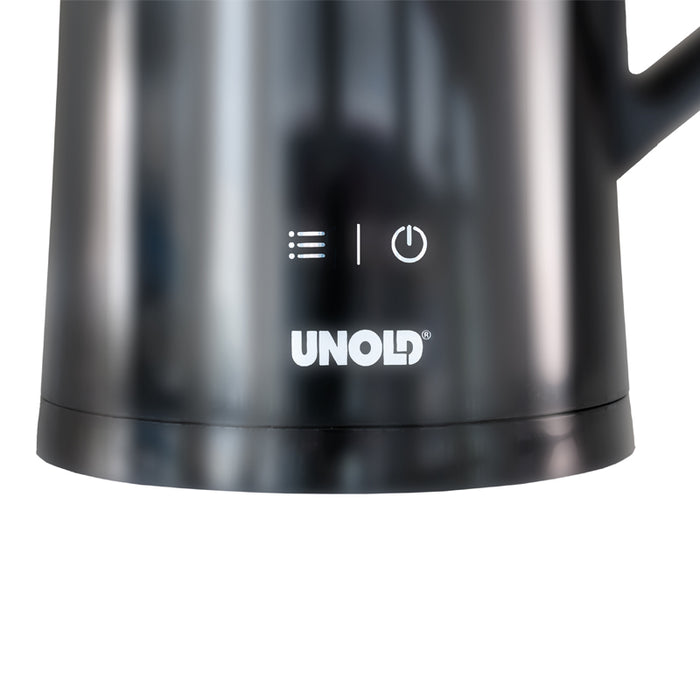 Nahaufnahme des Sockels des Wasserkochers Unold Blitzkocher Edelstahl Digital 1,5 L mit Touch-Control-Symbolen und dem Markennamen Unold auf der Vorderseite.