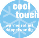 Auf dem Unold Blitzkocher Edelstahl Digital 1,5 L prangt ein blauer Kreis mit weißer Schneeflockengrafik. Oben steht „Cool touch“, unten „wärmeisoliert doppelwandig“, was die doppelwandige Wärmeisolierung unterstreicht.