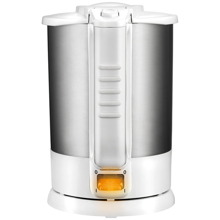 Der Unold Blitzkocher Edition 1,5 L ist ein moderner Wasserkocher aus Edelstahl mit weißem Griff und Sockel aus Kunststoff, einem eleganten Design und einer orangefarbenen Kontrollleuchte am Boden.