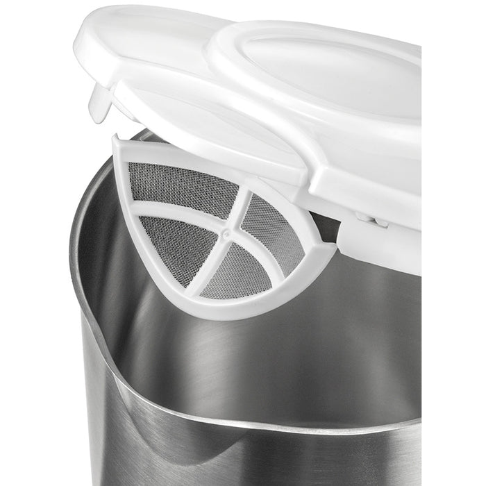 Eine Nahaufnahme des Wasserkochers Unold Blitzkocher Edition 1,5 L, die sein Edelstahlgehäuse und den offenen weißen Kunststoffdeckel mit integriertem Netzfilter hervorhebt.