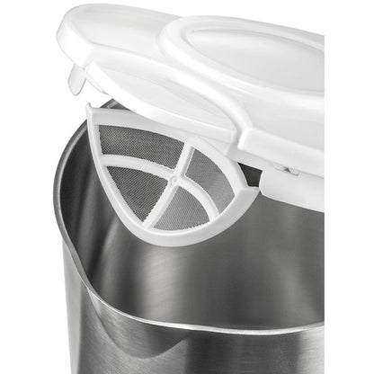 Eine Nahaufnahme des Wasserkochers Unold Blitzkocher Edition 1,5 L, die sein Edelstahlgehäuse und den offenen weißen Kunststoffdeckel mit integriertem Netzfilter hervorhebt.