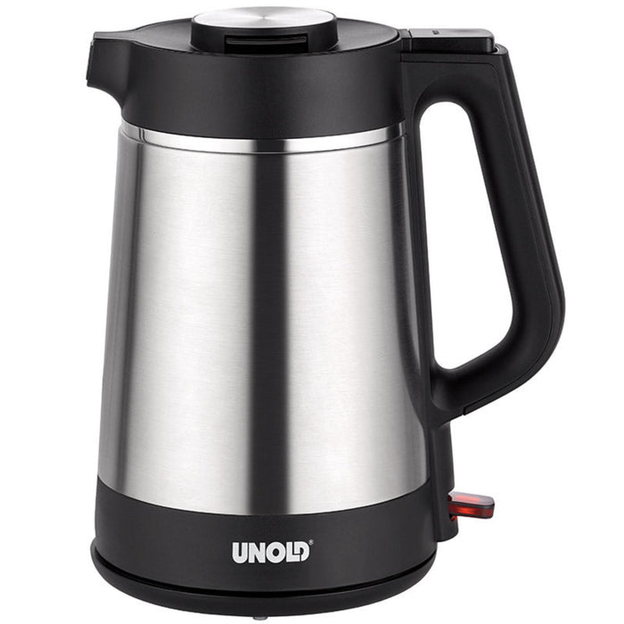 Der Unold Blitzkocher Thermo 1,5 L ist ein Wasserkocher aus Edelstahl mit schwarzem Griff und Sockel, dem Markennamen UNOLD auf der Vorderseite und einem sichtbaren roten Schalter am Sockel.