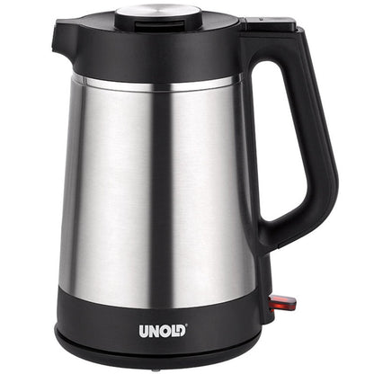 Der Unold Blitzkocher Thermo 1,5 L ist ein Wasserkocher aus Edelstahl mit schwarzem Griff und Sockel, dem Markennamen UNOLD auf der Vorderseite und einem sichtbaren roten Schalter am Sockel.