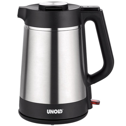 Der Unold Blitzkocher Thermo 1,5 L ist ein Wasserkocher aus Edelstahl mit schwarzem Griff und Sockel, dem Markennamen UNOLD auf der Vorderseite und einem sichtbaren roten Schalter am Sockel.
