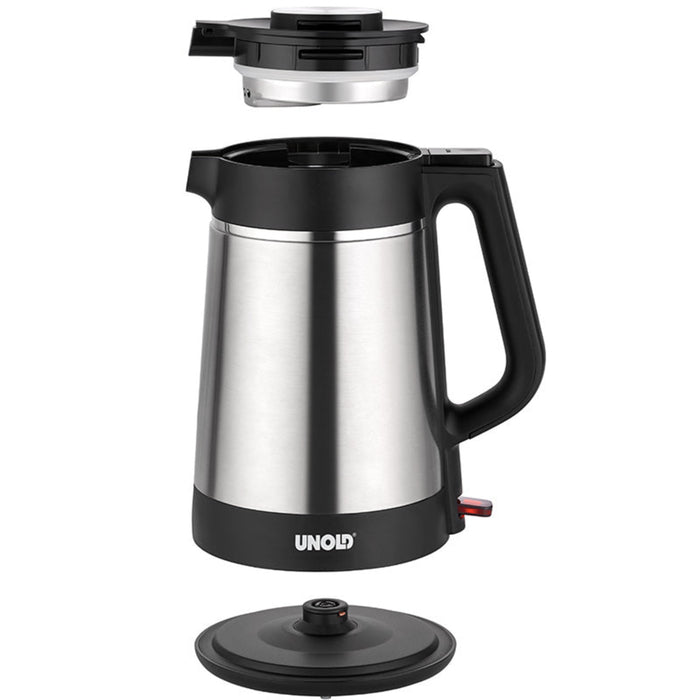 Der Wasserkocher Unold Blitzkocher Thermo 1,5 L verfügt über ein Edelstahlgehäuse und einen schwarzen Griff. Auf der Abbildung ist der separate Deckel mit darüber und darunter schwebendem Filter abgebildet; auf der Unterseite ist das Unold-Logo abgebildet.