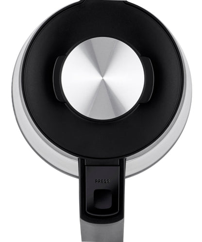 Draufsicht des Wasserkochers Unold Blitzkocher Thermo 1,5L mit rundem silbernem Deckel und schwarzem Griff mit „PRESS“-Taste, im schlanken, minimalistischen Design.