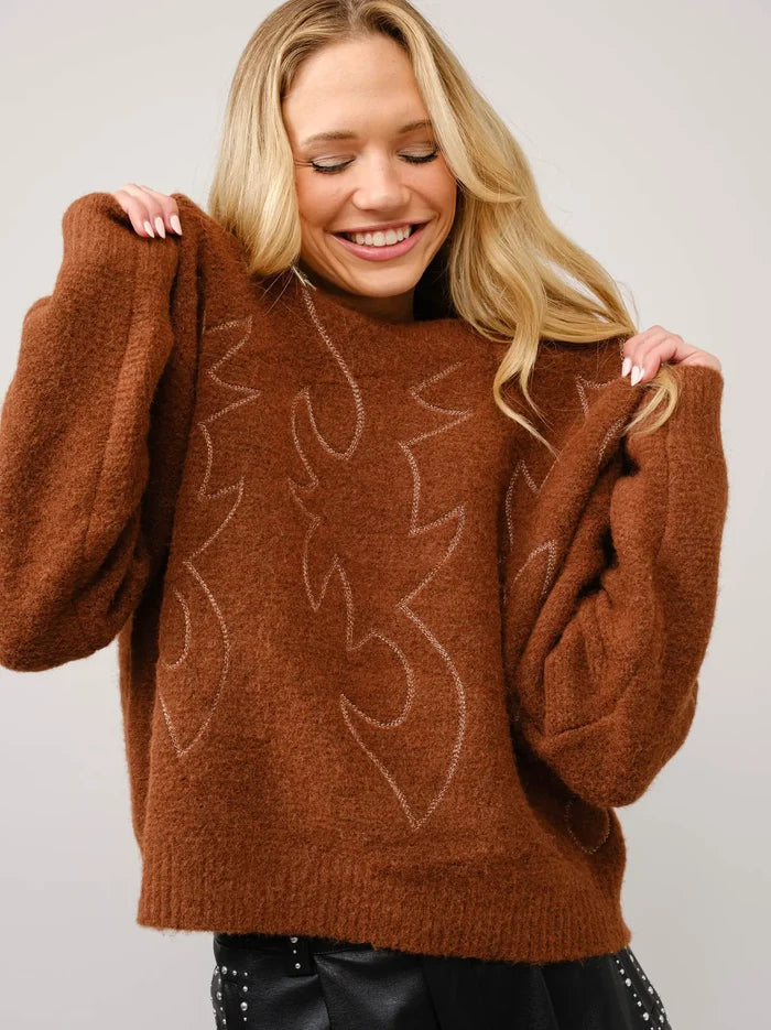 Blue B Western Boot Stitch Pattern Crew Neck Sweater