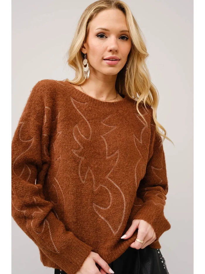 Blue B Western Boot Stitch Pattern Crew Neck Sweater