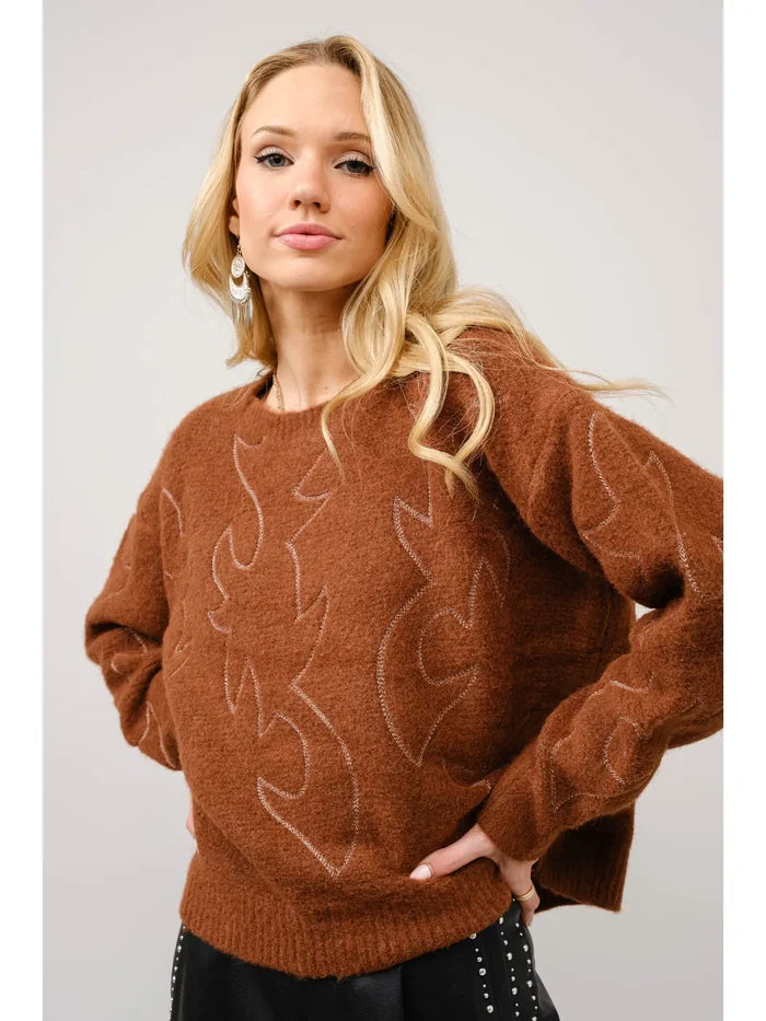 Blue B Western Boot Stitch Pattern Crew Neck Sweater