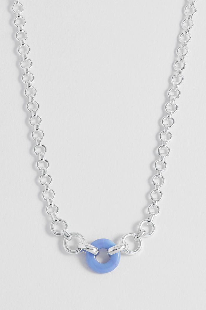 Blue Lace Agate Graduated Round Link Chain Necklace