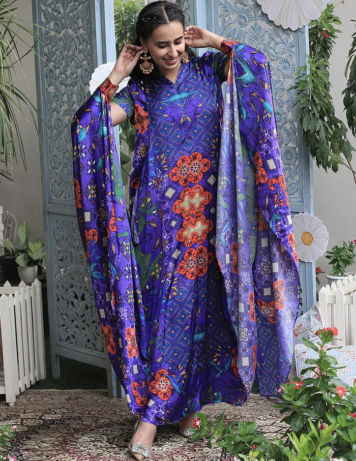 Layla Stylised Blue Moroccan Satin Silk Festive Dress