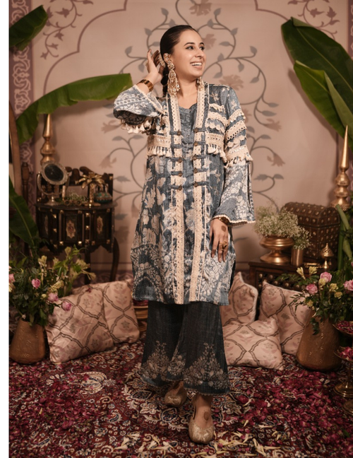 Panchami Blue Moroccan Silk Long Kurta Pant Set