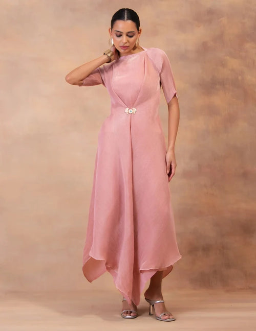 Model wearing the 'BLUSH PINK' layered tunic drape-dress set with matching pants, crafted in micro-pleated georgette satin with gold foil detailing in Singapore.