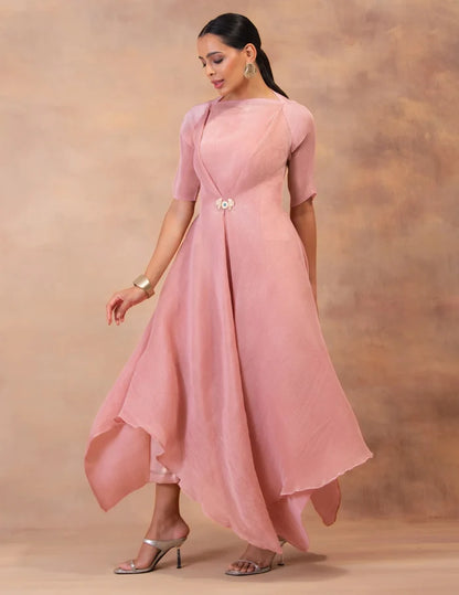 Model wearing the 'BLUSH PINK' layered tunic drape-dress set with matching pants, crafted in micro-pleated georgette satin with gold foil detailing in Singapore.