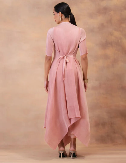 Model wearing the 'BLUSH PINK' layered tunic drape-dress set with matching pants, crafted in micro-pleated georgette satin with gold foil detailing in Singapore.