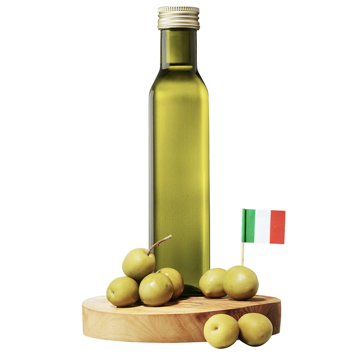 A bottle of Bonsecco Extra Virgin Olive Oil with a small Italian flag and green olives on a wooden board.