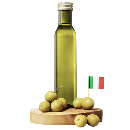 A bottle of Bonsecco Extra Virgin Olive Oil with a small Italian flag and green olives on a wooden board.