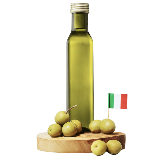A bottle of Bonsecco Extra Virgin Olive Oil with a small Italian flag and green olives on a wooden board.