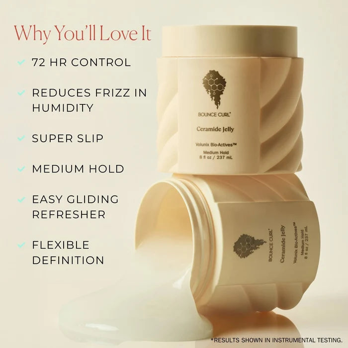 Two bottles of Bounce Curl weightless ceramide jelly with features listed on a beige background