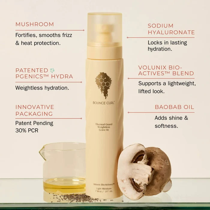 Bounce Curl Thermal Guard Weightless Leave-In bottle with ingredients listed on a beige background
