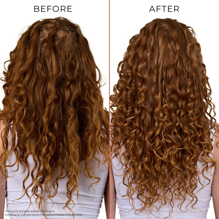 Before and after comparison of curly hair with a white background using Bounce Curl Thermal Guard Weightless Leave-In