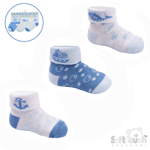 Boys 3pk Turnover Socks - Boats (NB-12) S503